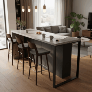 Cuisine ouverte moderne avec un comptoir aménagé à la hauteur de bar idéale et des tabourets confortables